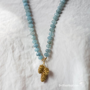 Aquamarine mala with gold bronze alder pendant | Der Blaue Vogel