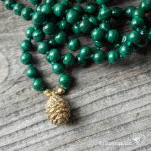 Download the image in the gallery viewer, Gemstone mala necklace Malachite with Gold Bronze Pinecone | Naturelove Malas by Der Blaue Vogel
