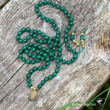 Download the image in the gallery viewer, Gemstone mala necklace Malachite with Gold Bronze Pinecone | Naturelove Malas by Der Blaue Vogel
