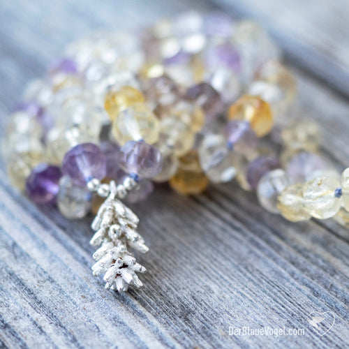 Ametrine mala with natural cast of a lavender flower in solid silver | love of nature mala by Der Blaue Vogel 