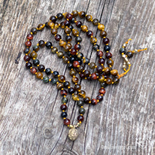 Download the image in the gallery viewer, Tiger Eye 108 beads mala  with 5-faced Rudraksha of Gold Bronze | Der Blaue Vogel
