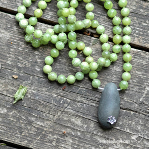 Peridot mala necklace with handmade silver succulent in beach pebble from Crete | Der Blaue Vogel